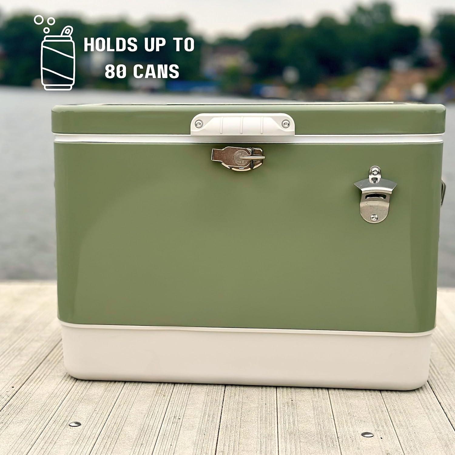 FSE Hard-Sided 80 Can/54 Qt. Two Tone Retro Metal Cooler, Holds 80 Beverage Cans, Metal Construction with Plastic Lining, Green/Cream