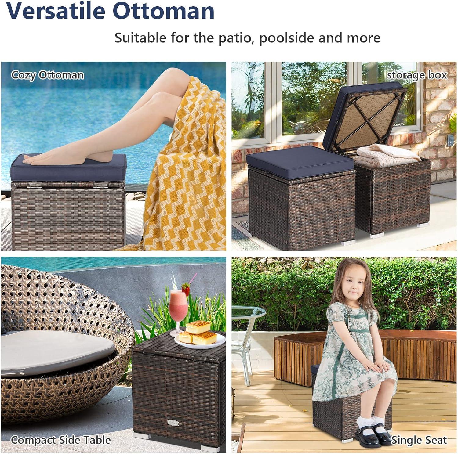 Navy Cushioned PE Rattan Storage Ottomans Set