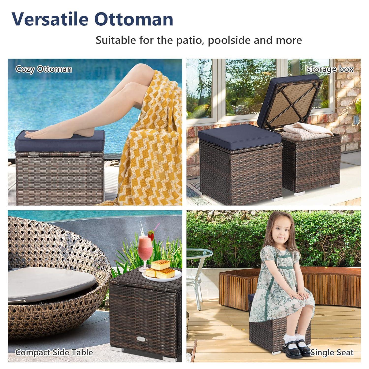 Navy Cushioned PE Rattan Storage Ottomans Set