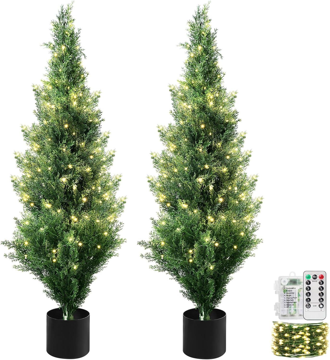 4FT 2-Pack Artificial Cedar Topiary Trees UV Resistant Potted Shrubs Fake Plants, Faux Pine Tree Plant for Home Office Garden Front Porch Patio Indoor Outdoor Party Wedding  Decor