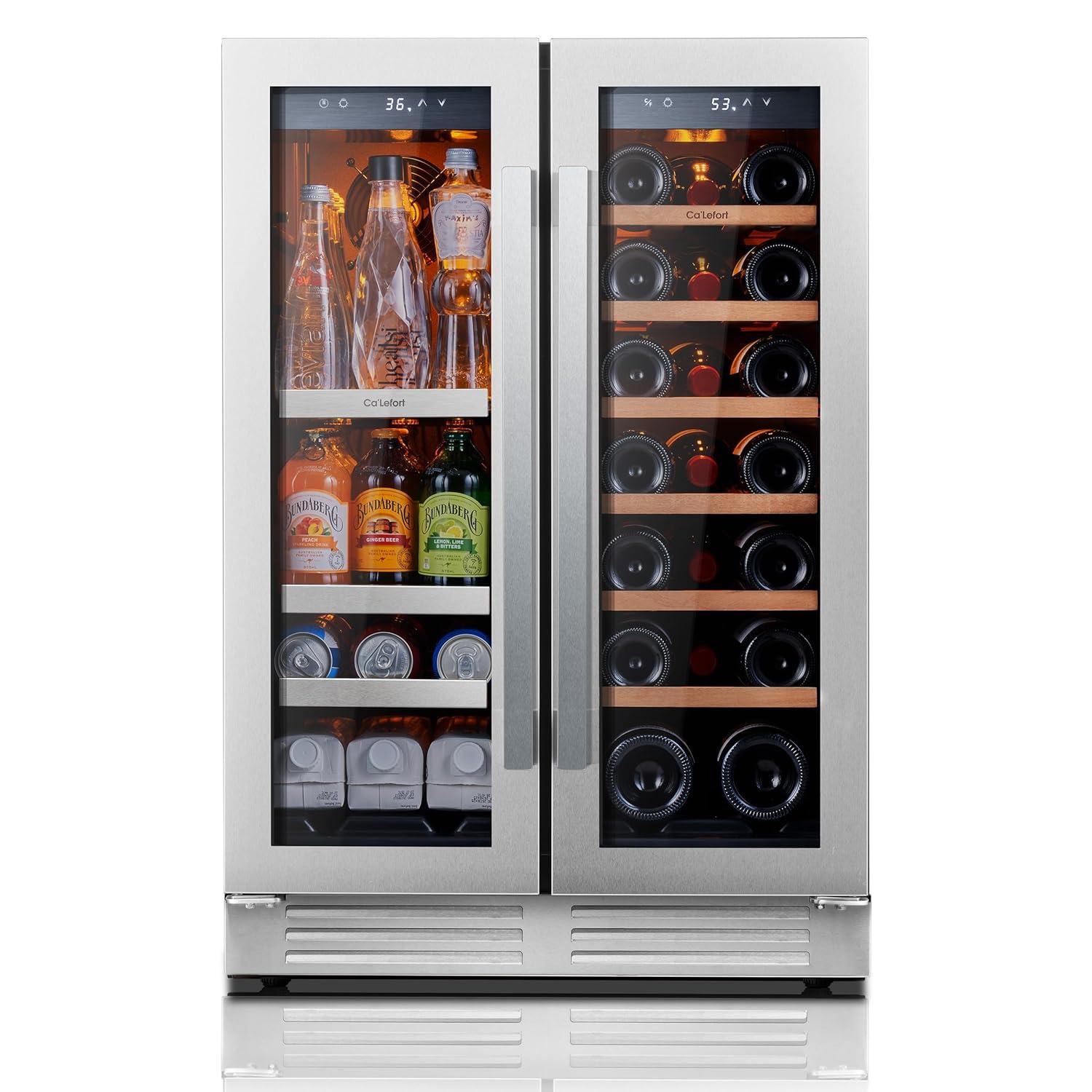 24 in. 20-Bottle Wine and 60 Can Beverage Cooler Dual Zone Refrigerator Under-Counter or Freestanding French Door Fridge