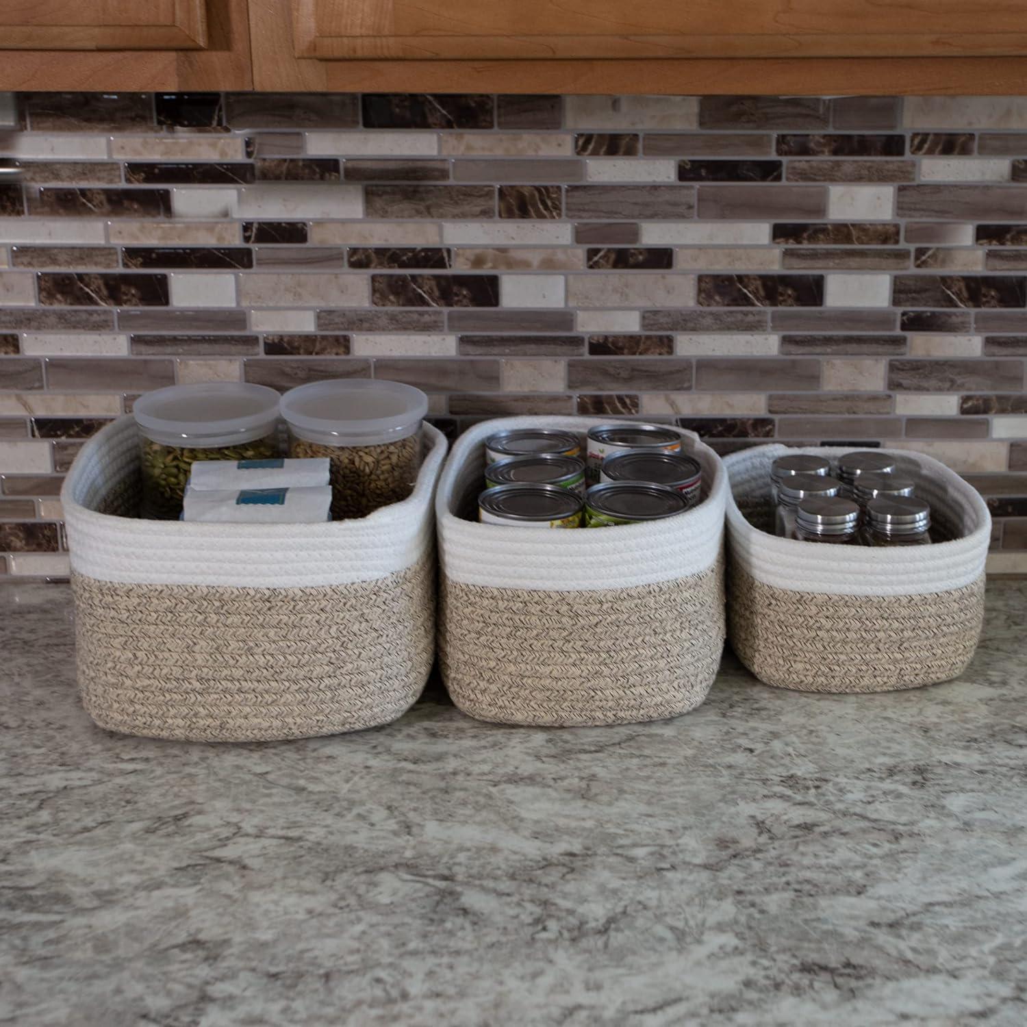 Home-Complete 3pc Storage Basket Set Natural: Cotton Square Decorative Bins for Shelves, Hand Wash, 12"x8.5"x5.5"