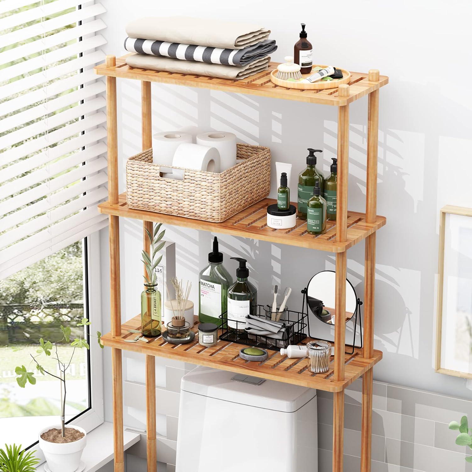 Natural Bamboo 3-Tier Adjustable Over-the-Toilet Storage Shelf