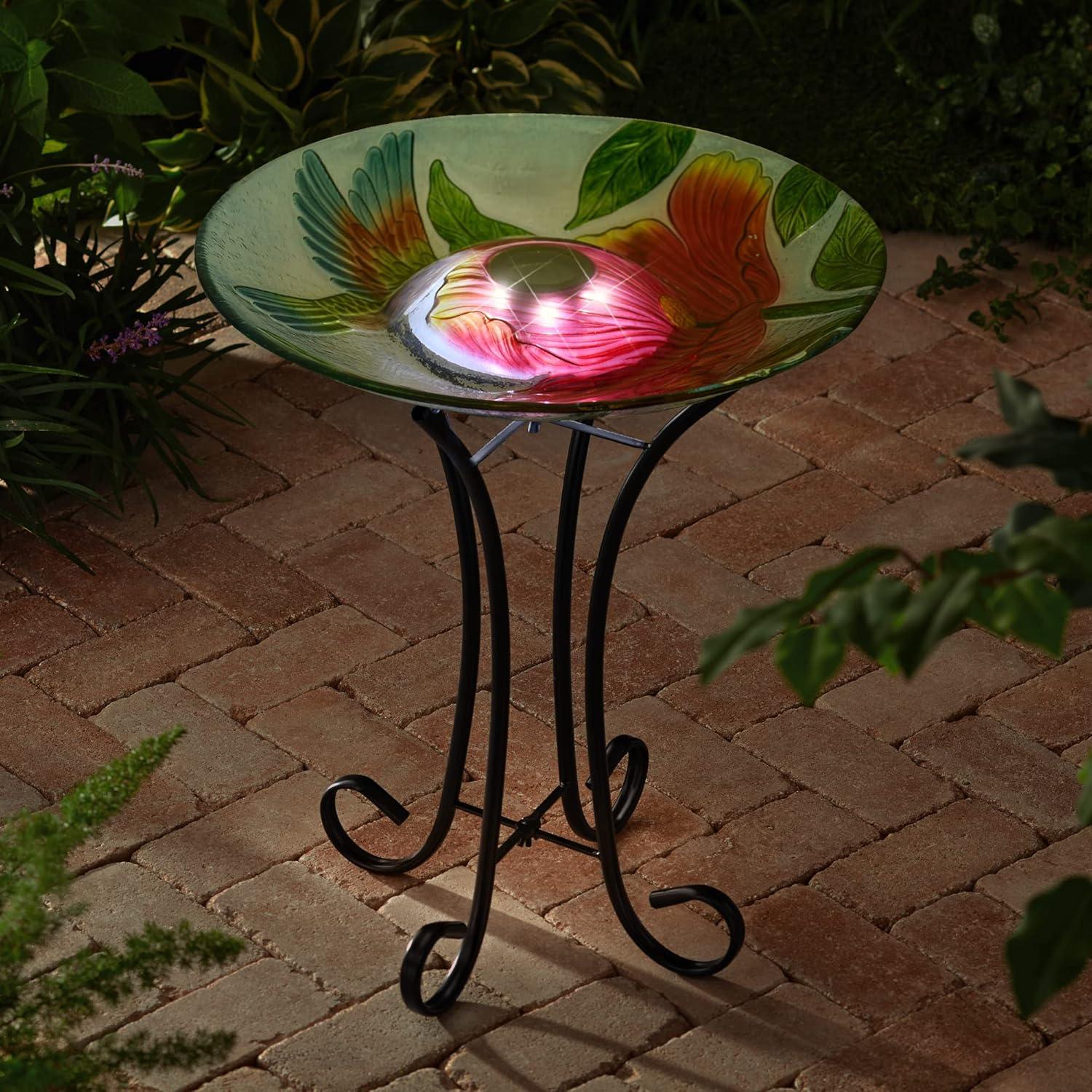 Solar LED Floral Glass Bird Bath with Metal Stand