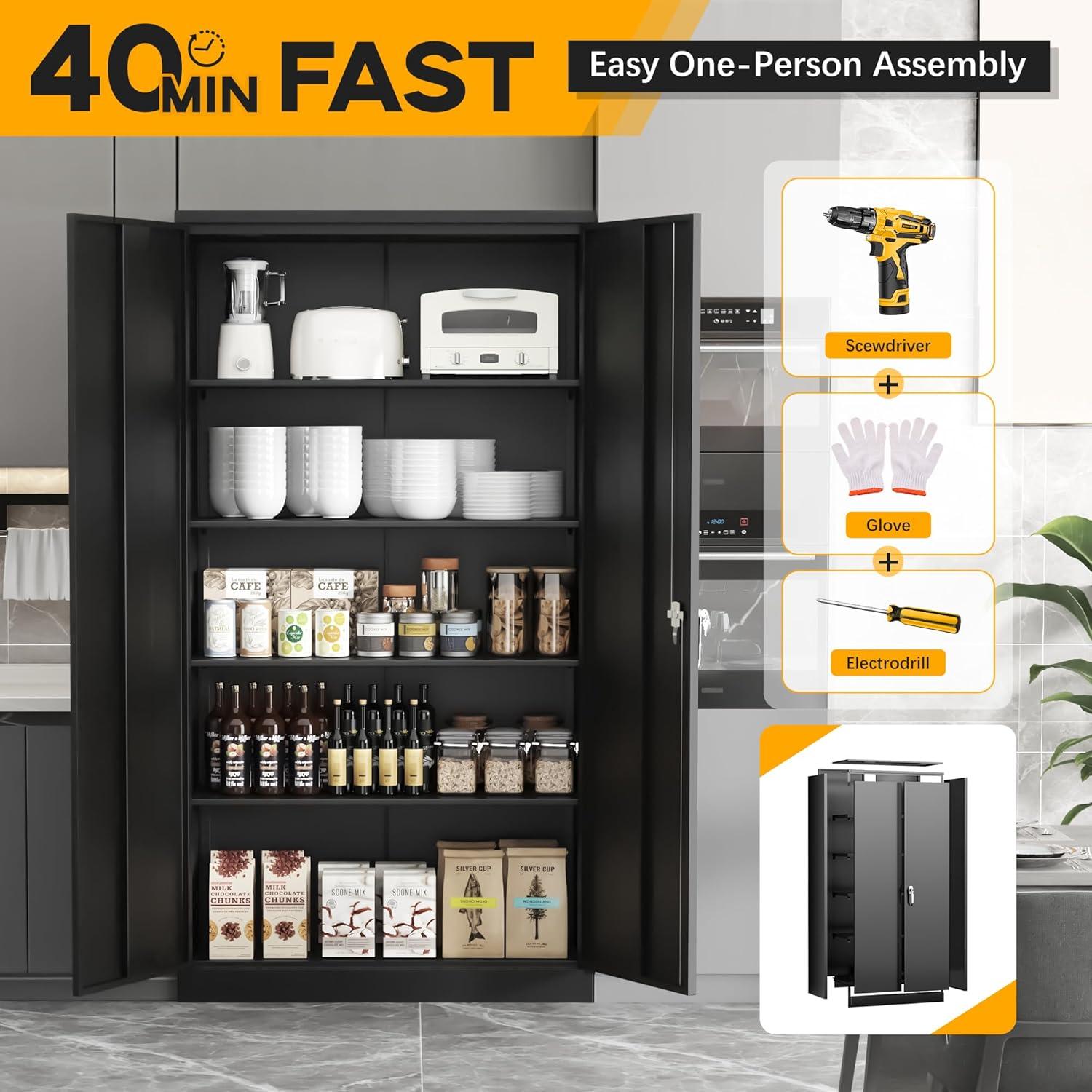 Greenvelly Metal Storage Cabinet with Lock, 72" H Black Metal Garage Storage Cabinet with Doors and 4 Shelves, Lockable Steel Tool Cabinets for Garage, Home, Office, Shop, School(36" W x 18" D)