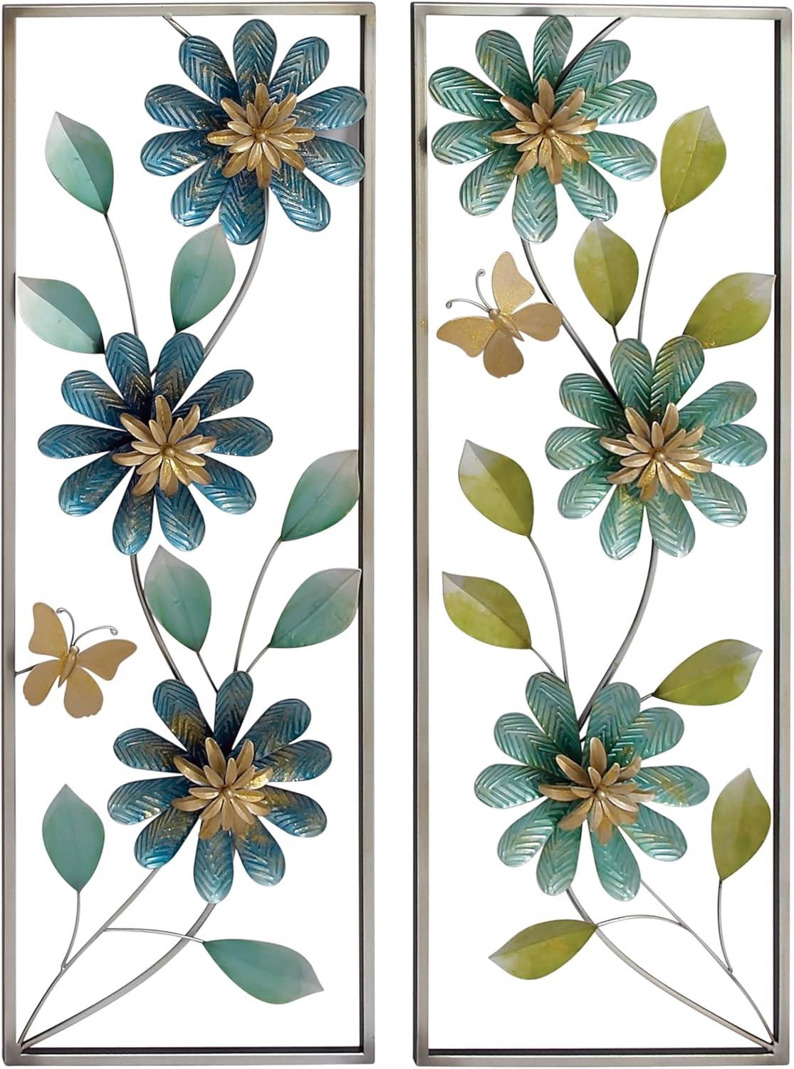 Green/Blue Metal Floral Wall Decor with Gold Frame 12"W, 35"H