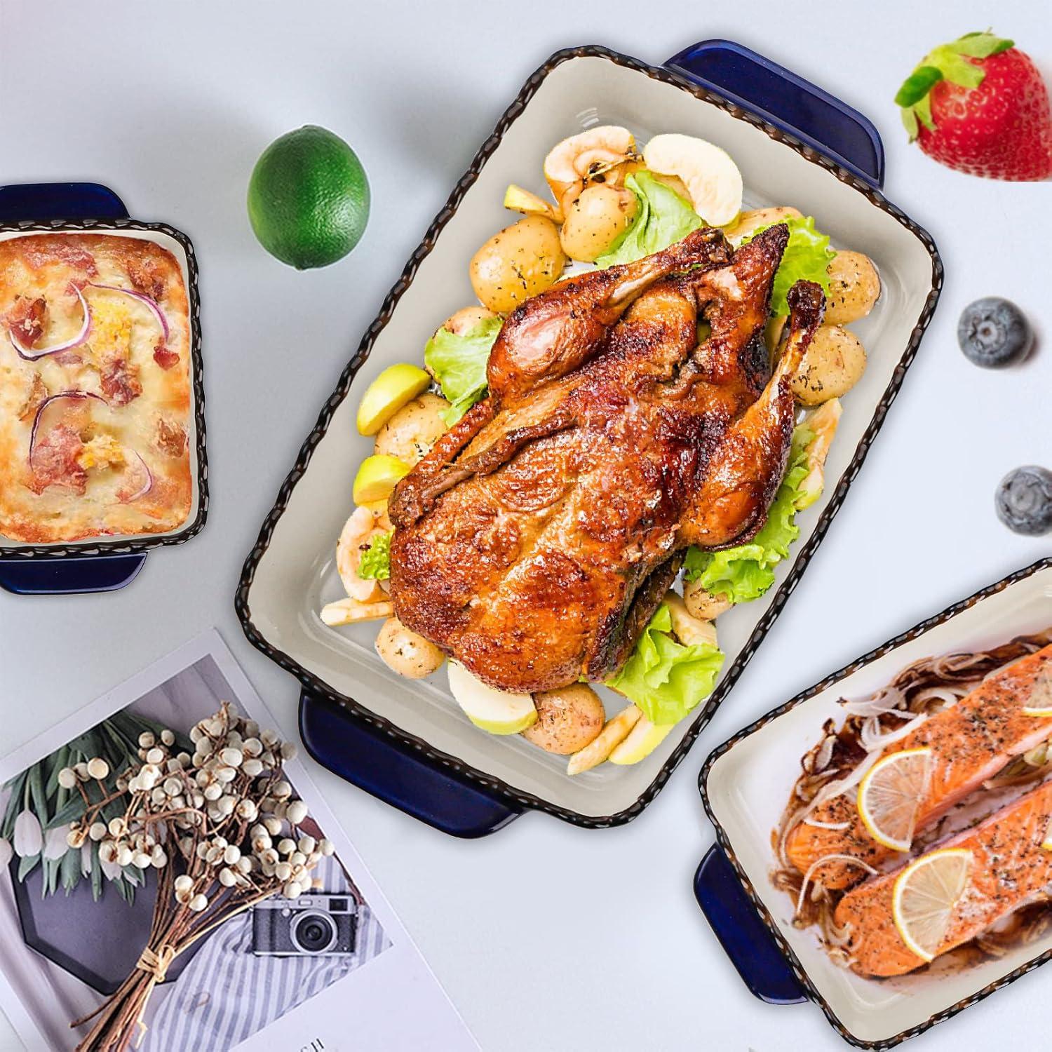 AVLA 3 Pack Ceramic Bakeware Set Porcelain Rectangular Baking Dish Lasagna Pans for Cooking Kitchen Casserole Dishes Cake Dinner 12 x 8.5 x 6 Inches of Baking Pans Banquet and Daily Use Cobalt Blue