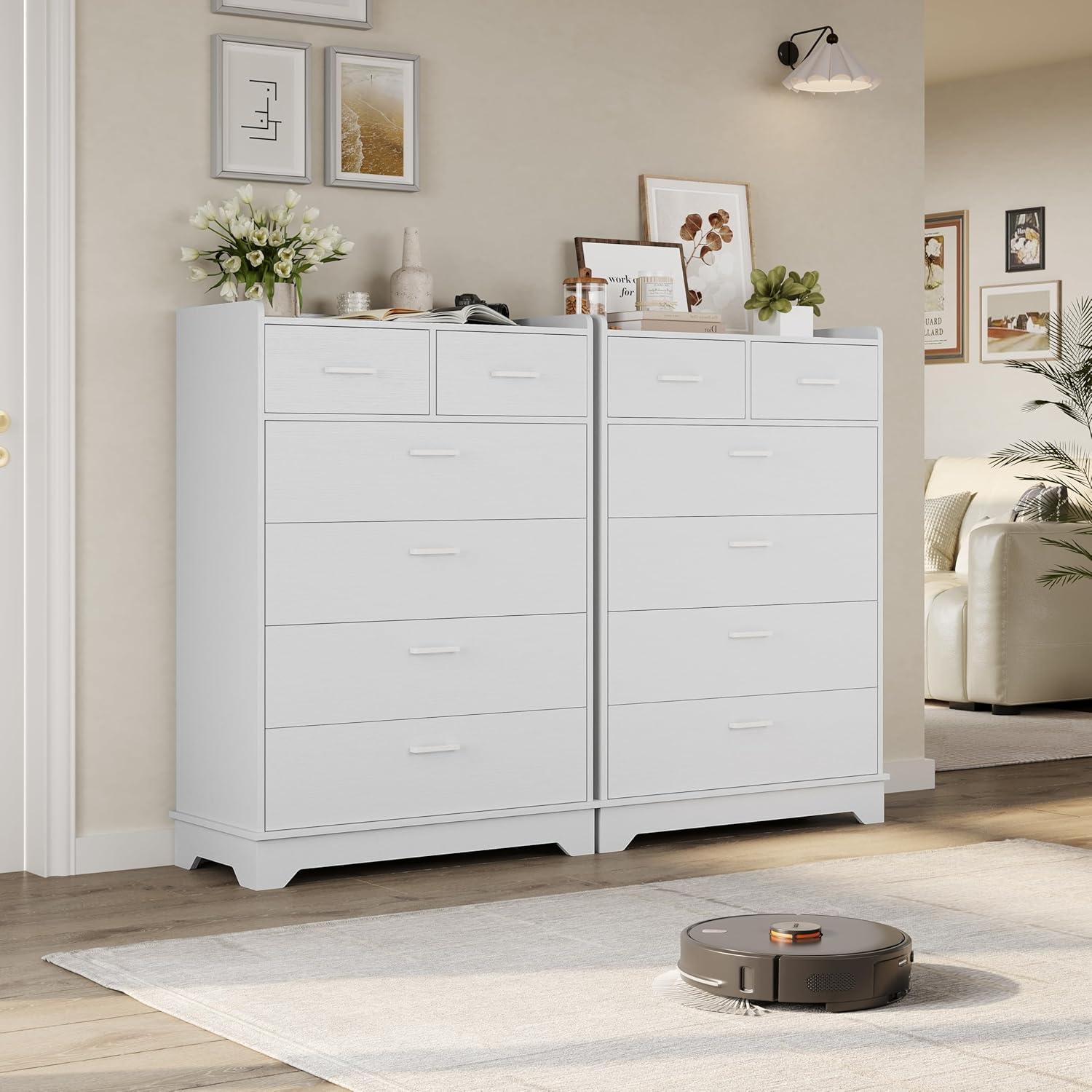 Homfa White Dresser with 6 Drawers, Vertical Chest of Drawers Wood Storage Cabinet for Bedroom Living Room