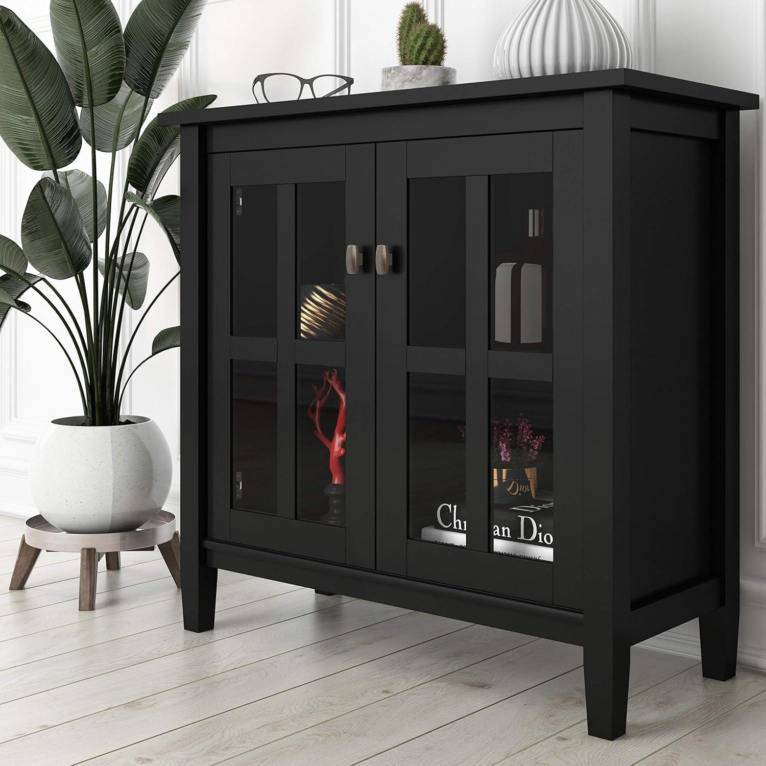 Simpli Home Warm Shaker Wood 32" Transitional Low Cabinet in Black