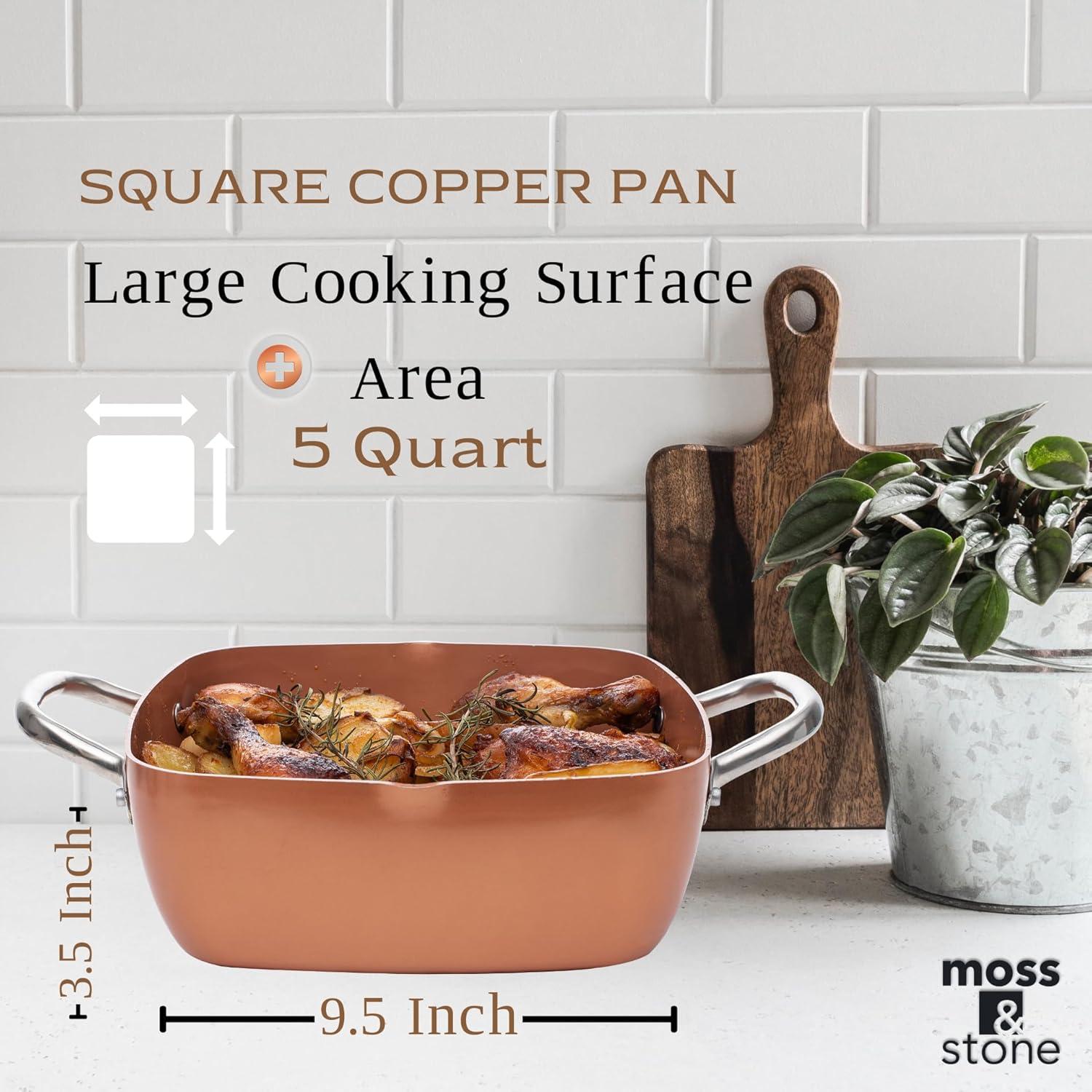 Moss & Stone Copper 6 Piece Set Chef Cookware, Non Stick Pan, Deep Square Pan, Fry Basket, Steamer Tray, Dishwasher & Oven Safe, 5 Quart Copper Pot Set, 9.5" Copper Induction Cookware Set