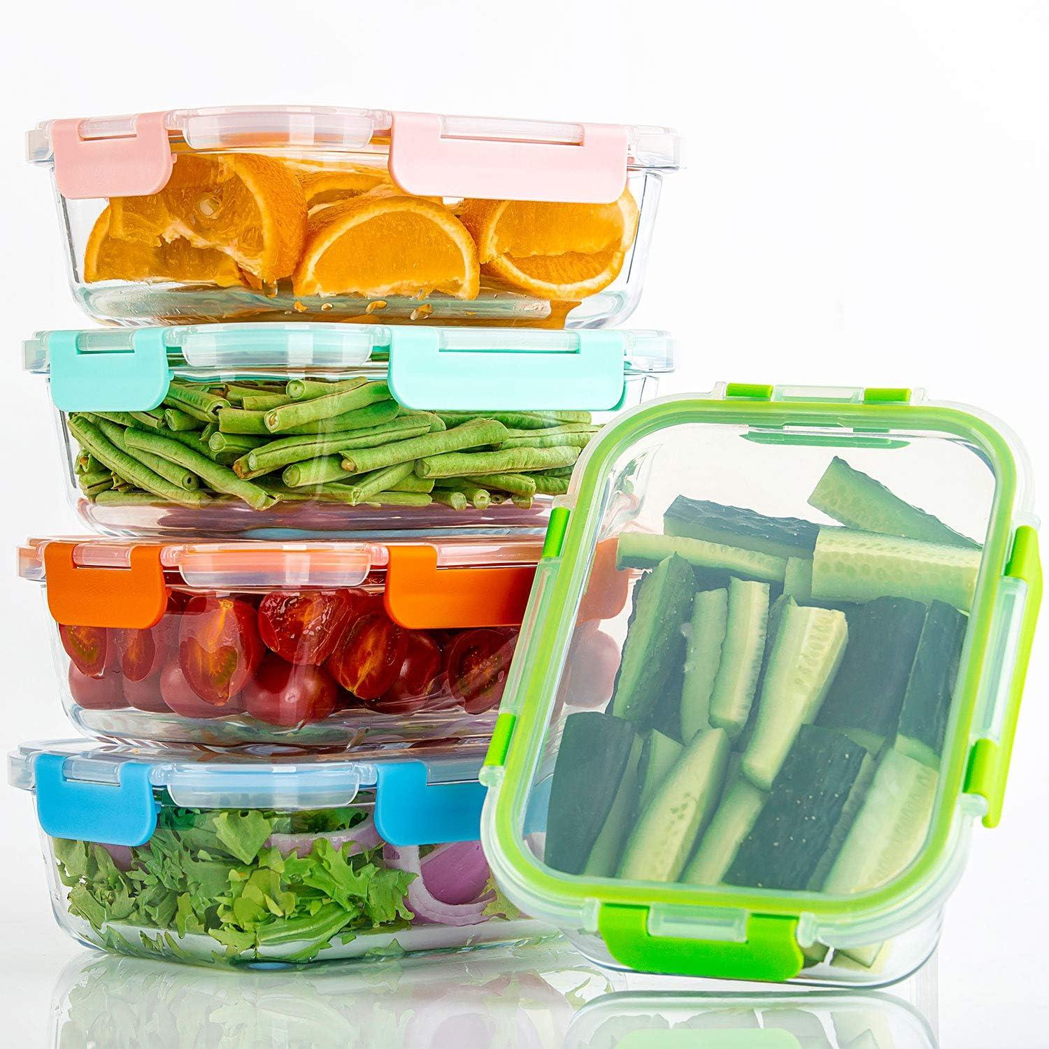 C CREST [10-Pack Glass Food Storage Containers (A Set of Five Colors), Meal Prep Containers with Lids for Kitchen, Home Use - Airtight Glass Lunch Boxes