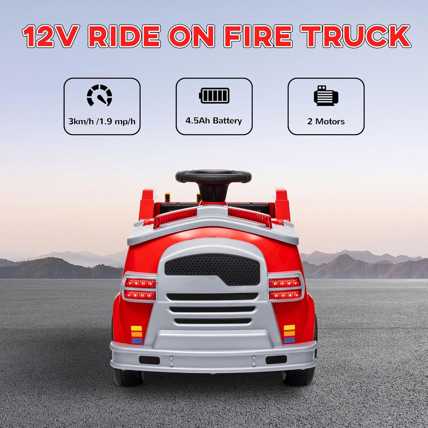 Qaba Qaba 12V Ride on Fire Truck with Siren, Lights, Soft Start, Horn Music, Red