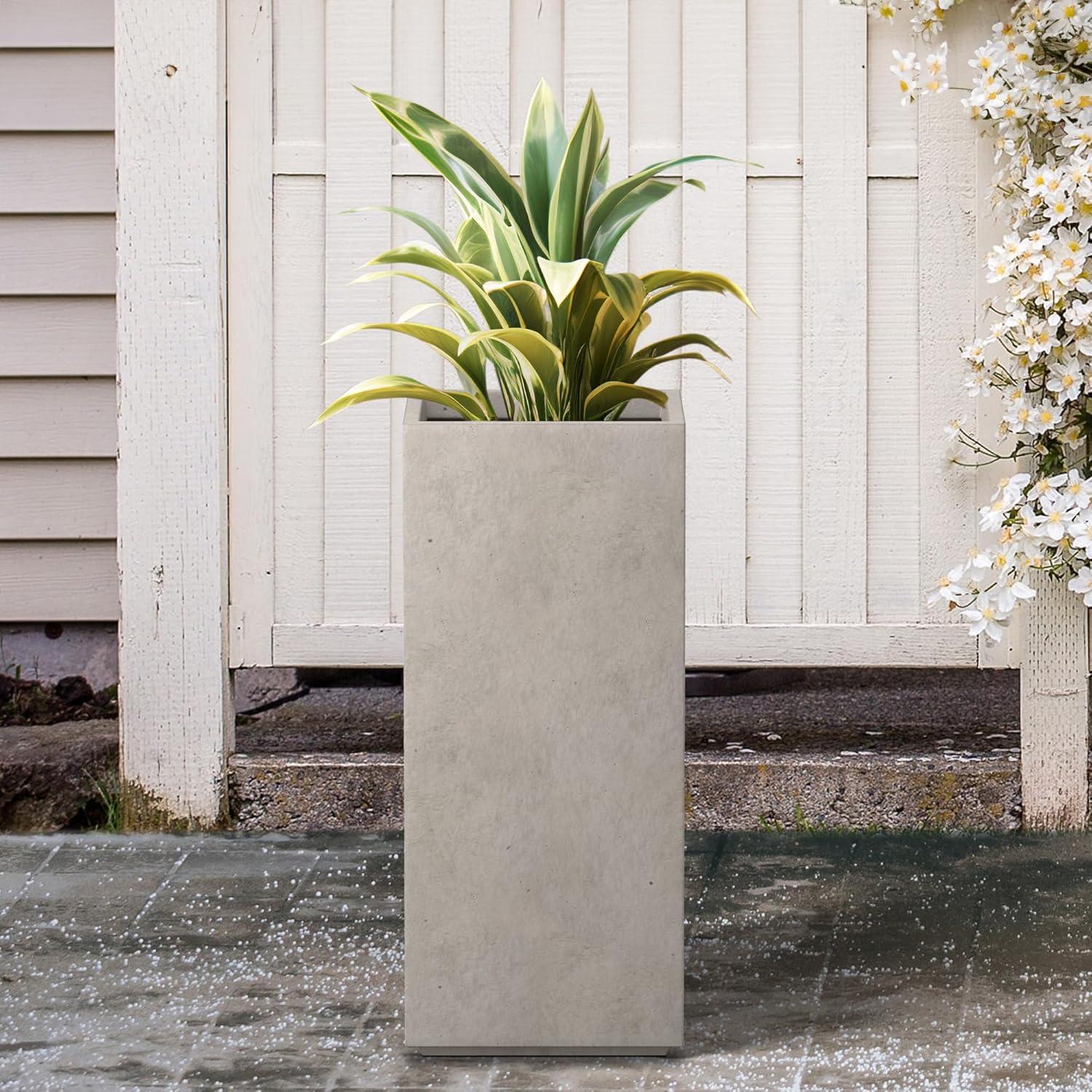 Rosemead Home & Garden, Inc. 14" Wide Kante Lightweight Durable Modern Tall Square Outdoor Decorative Planter Weathered Concrete Gray
