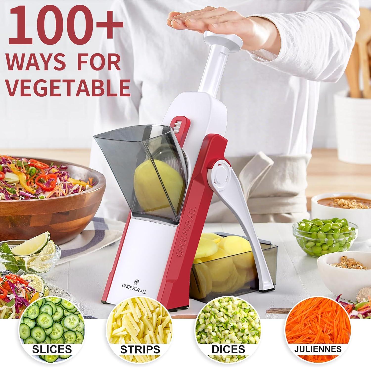 Red and White Multipurpose Manual Vegetable Slicer with Stainless Steel Blades