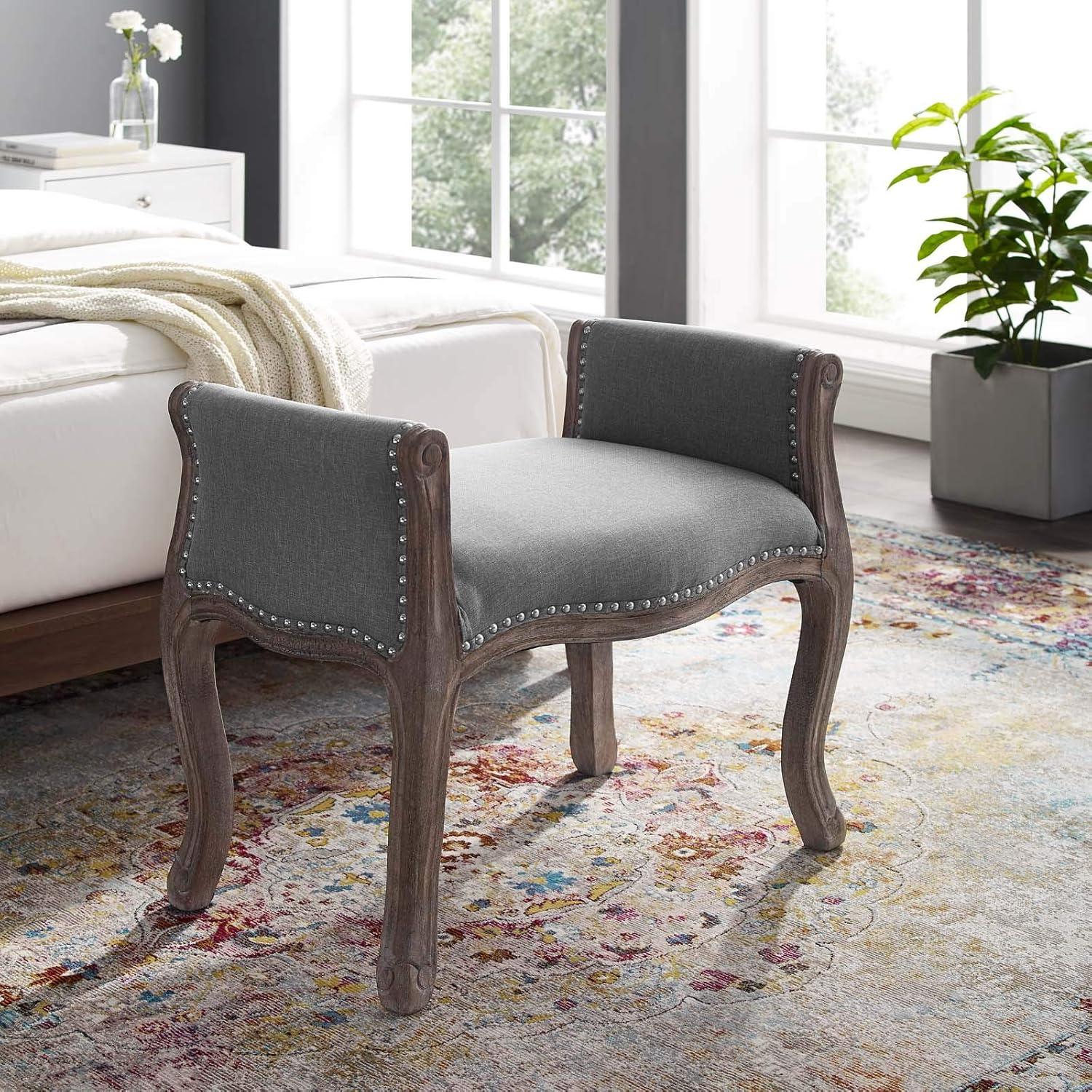 Light Gray French Upholstered Bench with Weathered Wood Legs