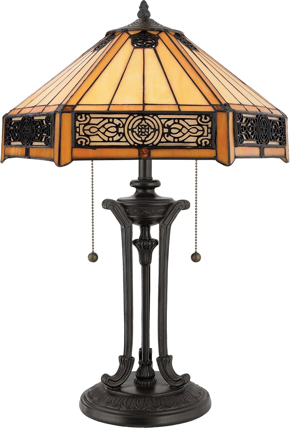 Vintage Bronze Stained Glass Table Lamp with Amber Shade