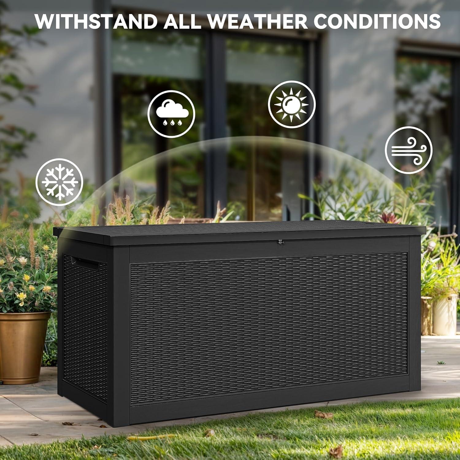 YITAHOME 32 Gallon Rattan Deck Box, Indoor Outdoor Storage Box for Patio Furniture, Pool Accessories, Cushions, Garden Tools, Sports Equipment, Waterproof Resin with Lockable Lid & Side Handles, Black