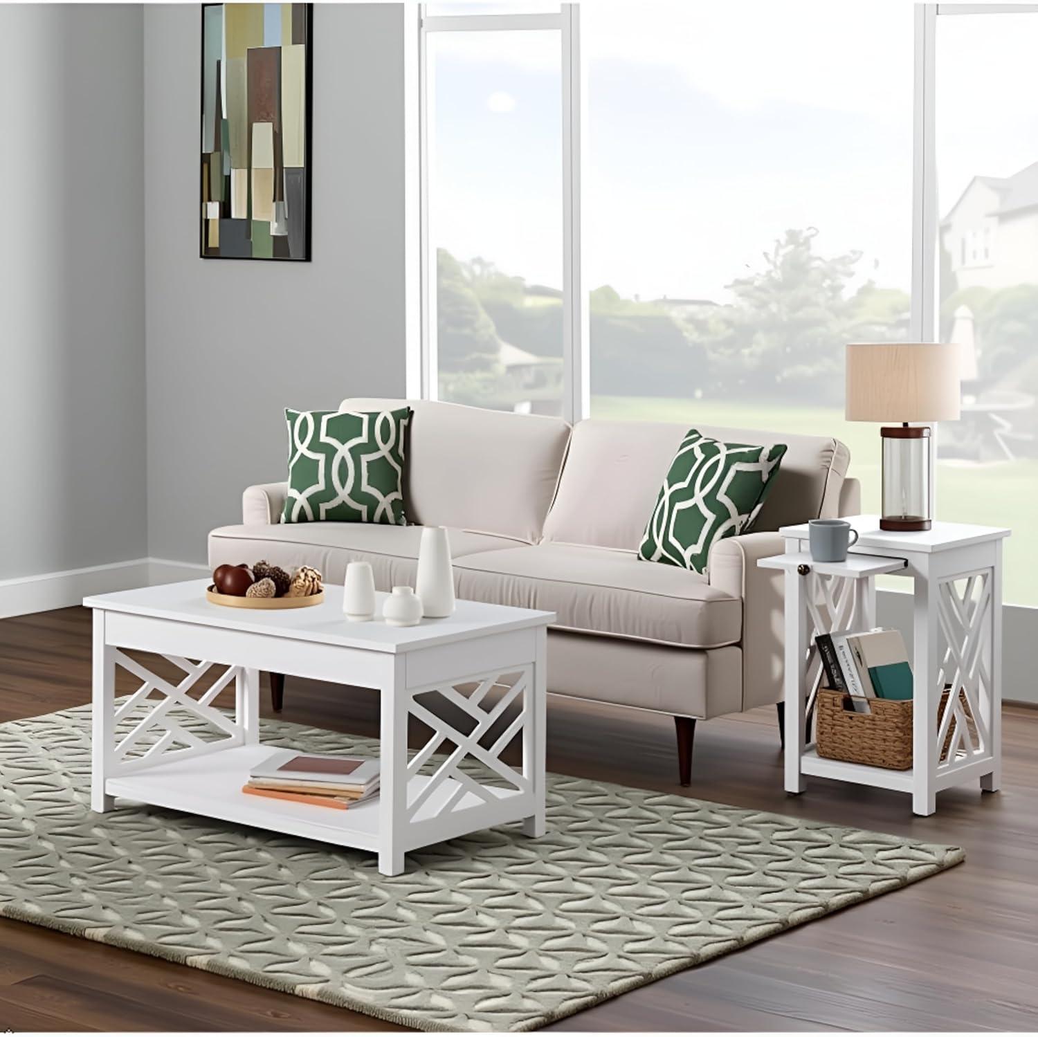 36" Middlebury Coffee Table and End Table with Tray White - Alaterre Furniture: Pull-Out Tray, 2-Piece Set