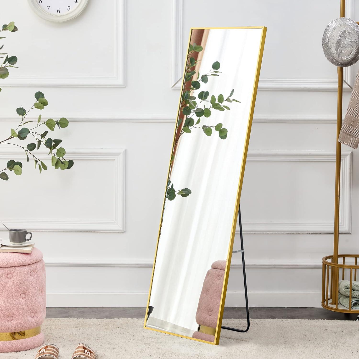 Full Length Mirror with Stand, 63""*20""Floor Mirror with Aluminum Alloy Frame, Standing Full Body Mirror,Wall-Mounted Mirrors,for Living Room,Bedroom,Cloakroom,Golden