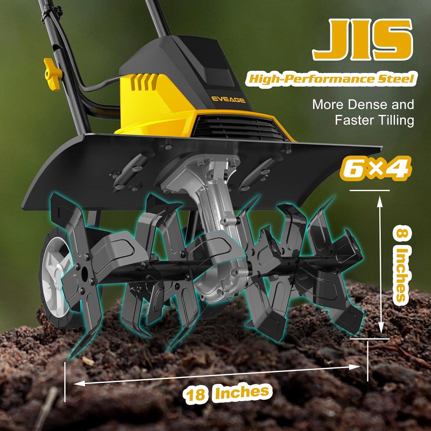 EVEAGE Electric Tiller for Garden, 18 Inch Power Tillers and Cultivators Electric, 13.5AMP Rototiller Cultivator Garden Tool, 4'' - 8'' Tilling Depth Foldable Handle