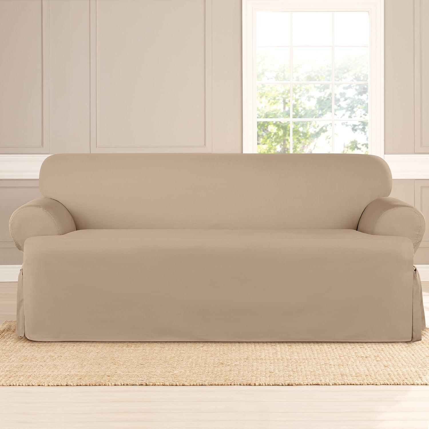 Heavyweight Cotton Duck T-Sofa Slipcover Khaki - Sure Fit: Machine Washable, Indoor Couch Protector, Fits 74-96" Width