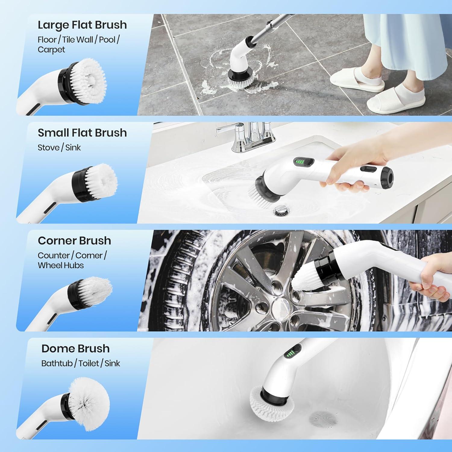 White Cordless Electric Spin Scrubber with Adjustable Handle and Replaceable Heads