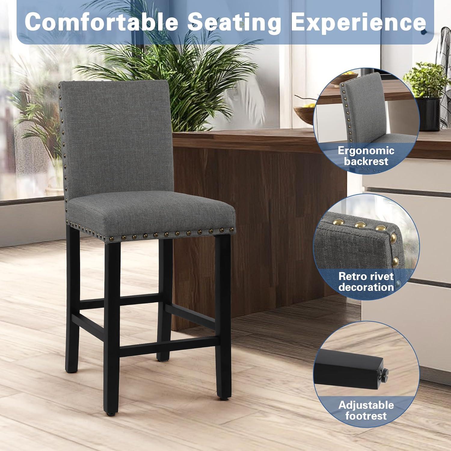 GOTMINSI Counter Height Bar Stool, Classic Upholstered 24 Inches Counter Height Stools Set of 4 barstools with Solid Wood Legs and Grey Fabric