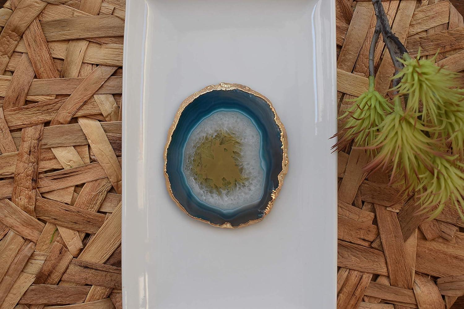 Nature's Decorations Teal Gold Rimmed Agate Stone Coasters - Set of 4, Polished Geode Drink Mats for Dining & Coffee Table & Kitchen Geode Decor Non-Toxic 3.5-4" Diameter