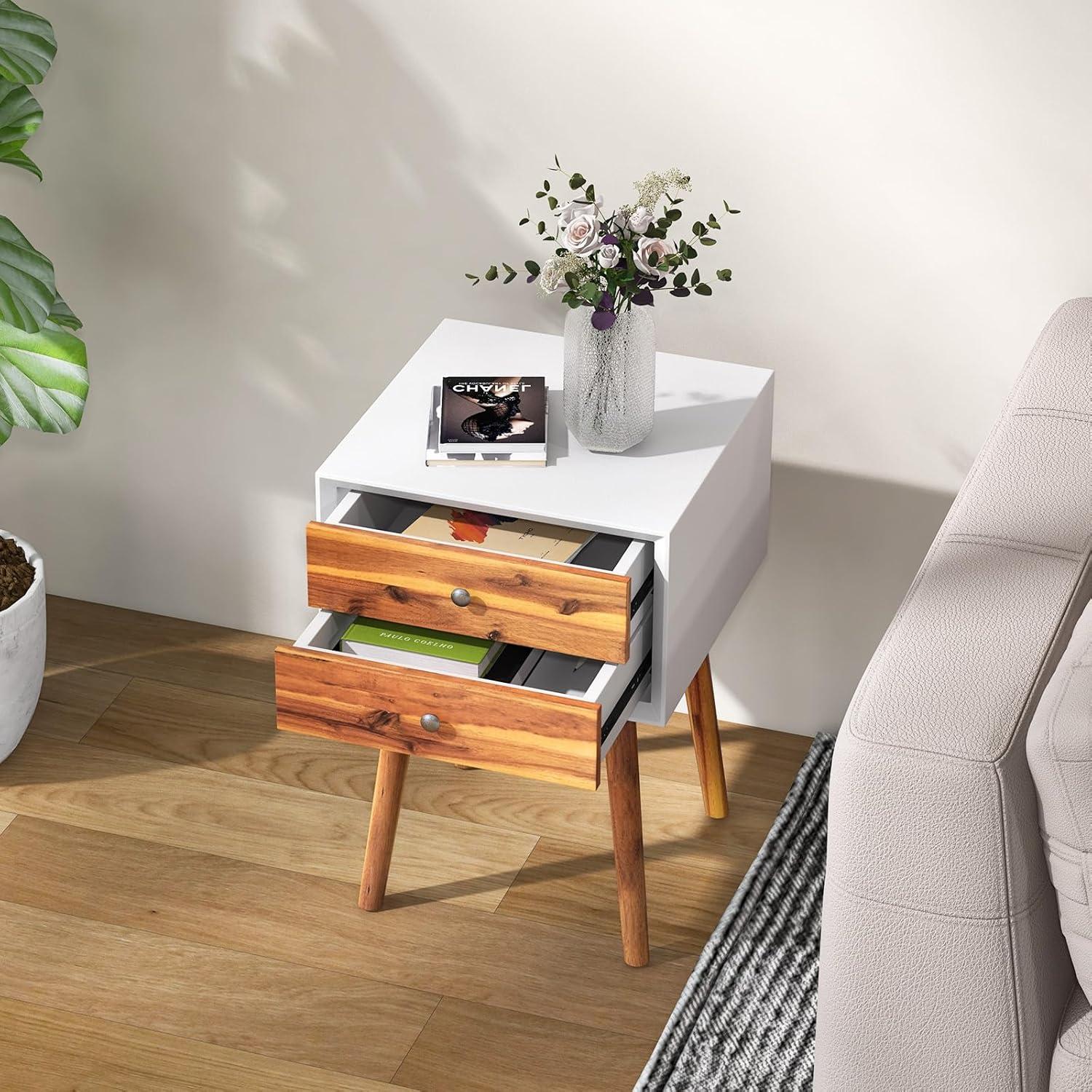 Giantex Mid Century Modern Nightstand, Wooden Bedside Tables w/ 2 Storage Drawers & Solid Wood Legs, Practical End Side Table for Living Room Bedroom, White & Walnut