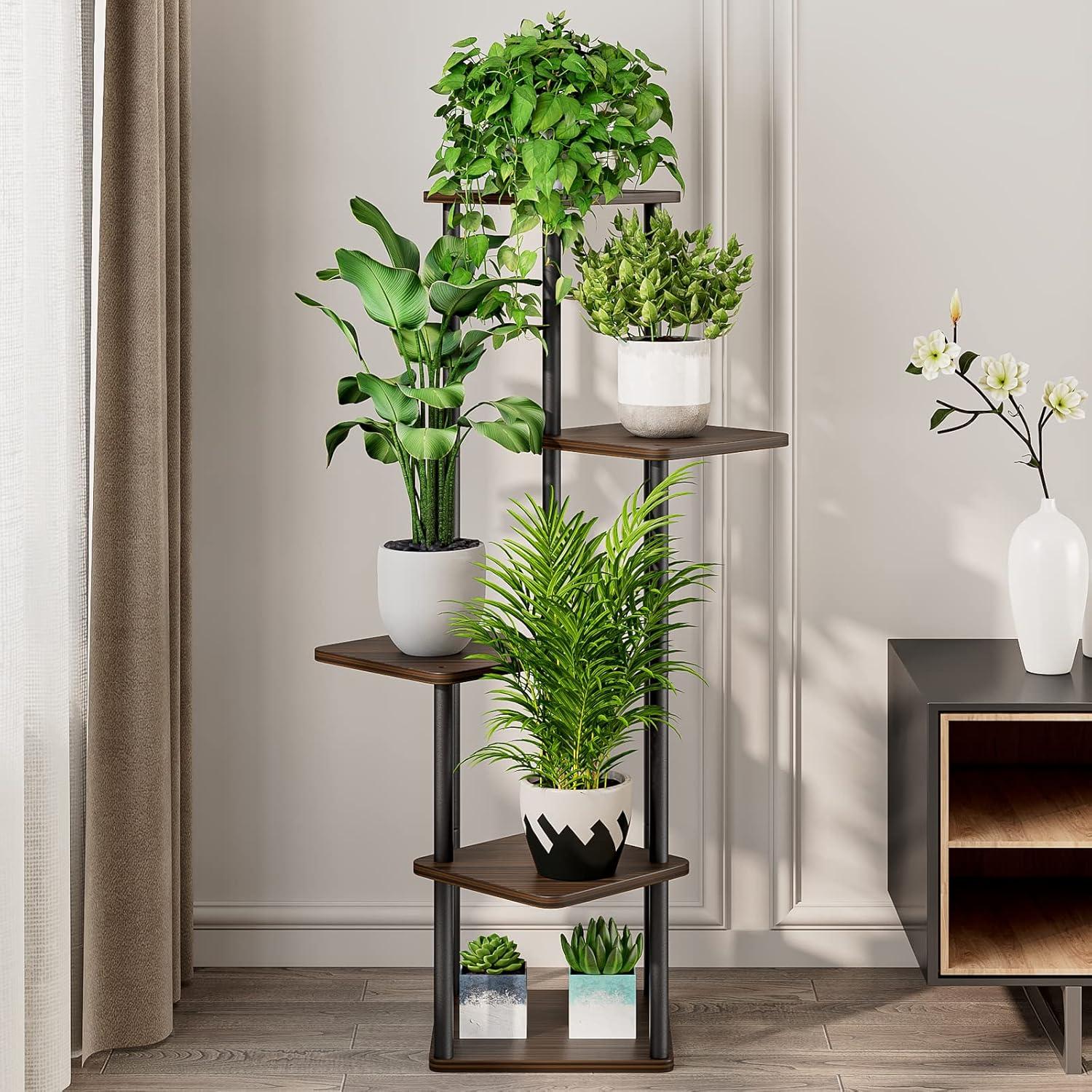 Black Oak 5-Tier Metal and MDF Indoor Plant Stand