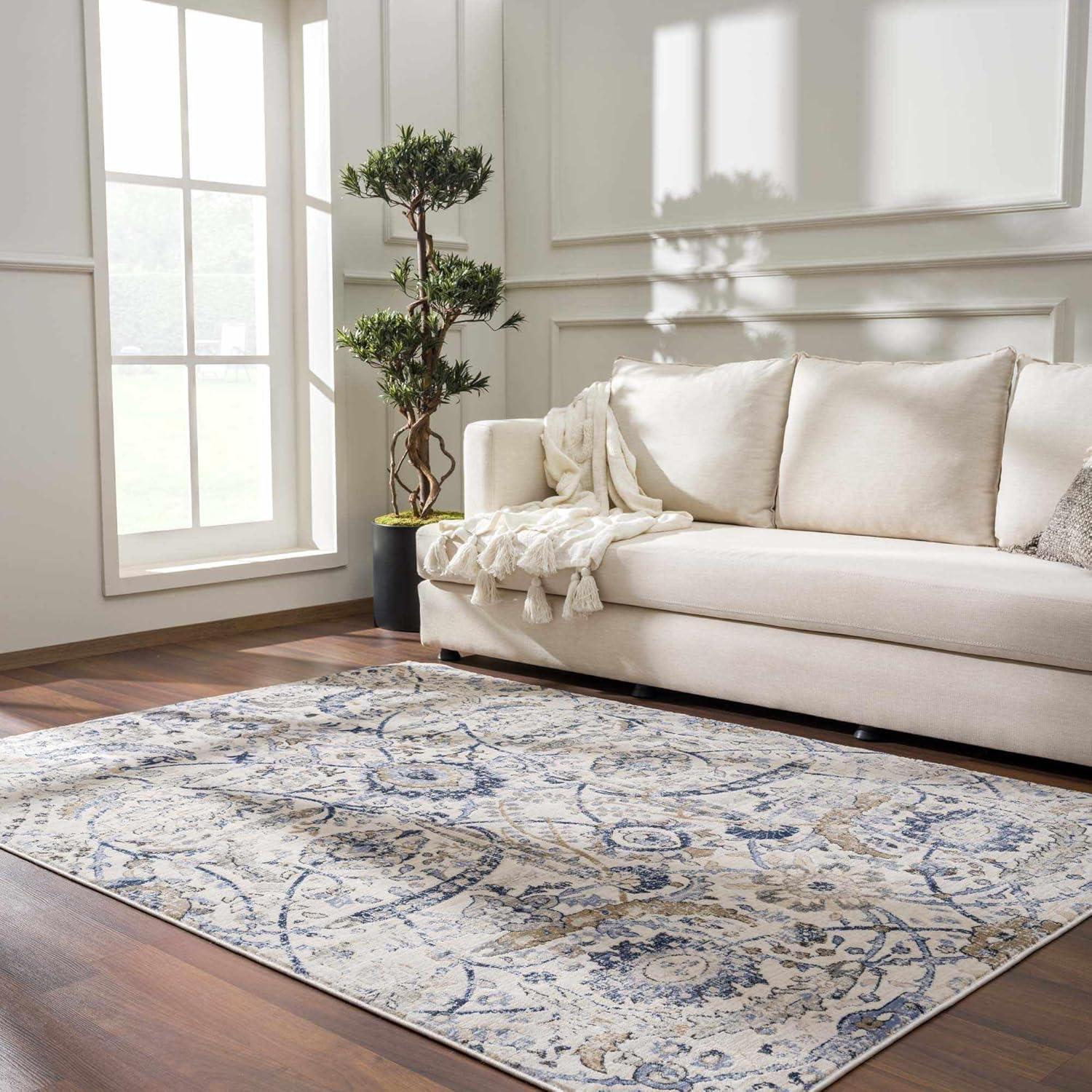 Hauteloom Erbacon Boho Vintage Traditional Damask Area Rug - Farmhouse Traditional Floral Medallion Carpet for Living Room - Grey, Beige, Light Brown, Cream, Navy, Blue - 7'10" x 10'2" (8x10)