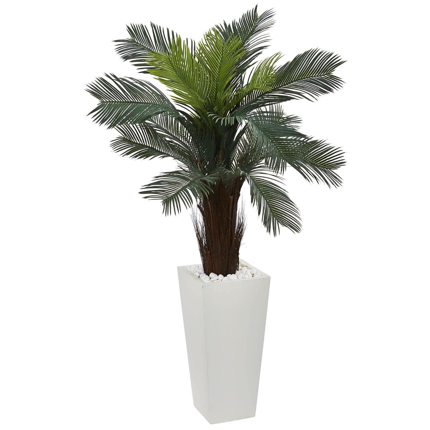 Nearly Natural 4.5ft. Cycas Artificial Plant in White Tower Planter, Green