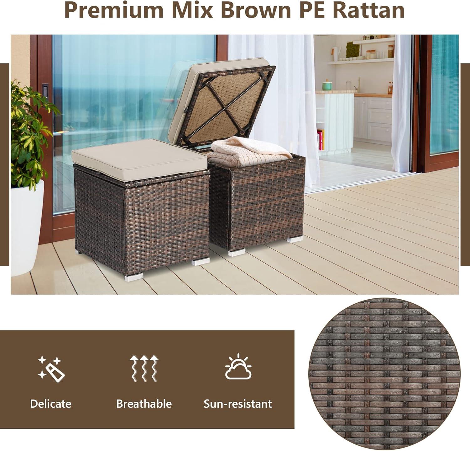 Navy Cushioned PE Rattan Storage Ottomans Set