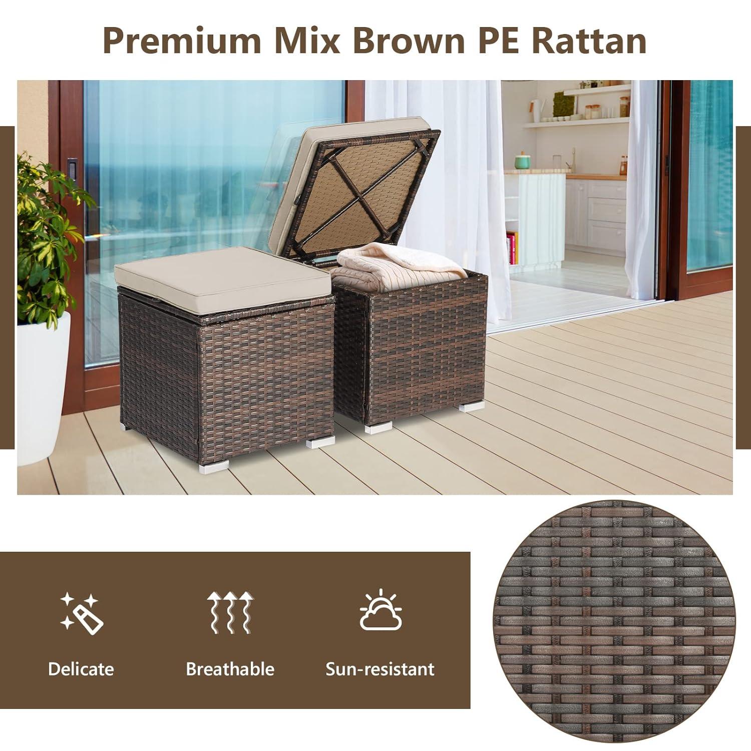 Navy Cushioned PE Rattan Storage Ottomans Set