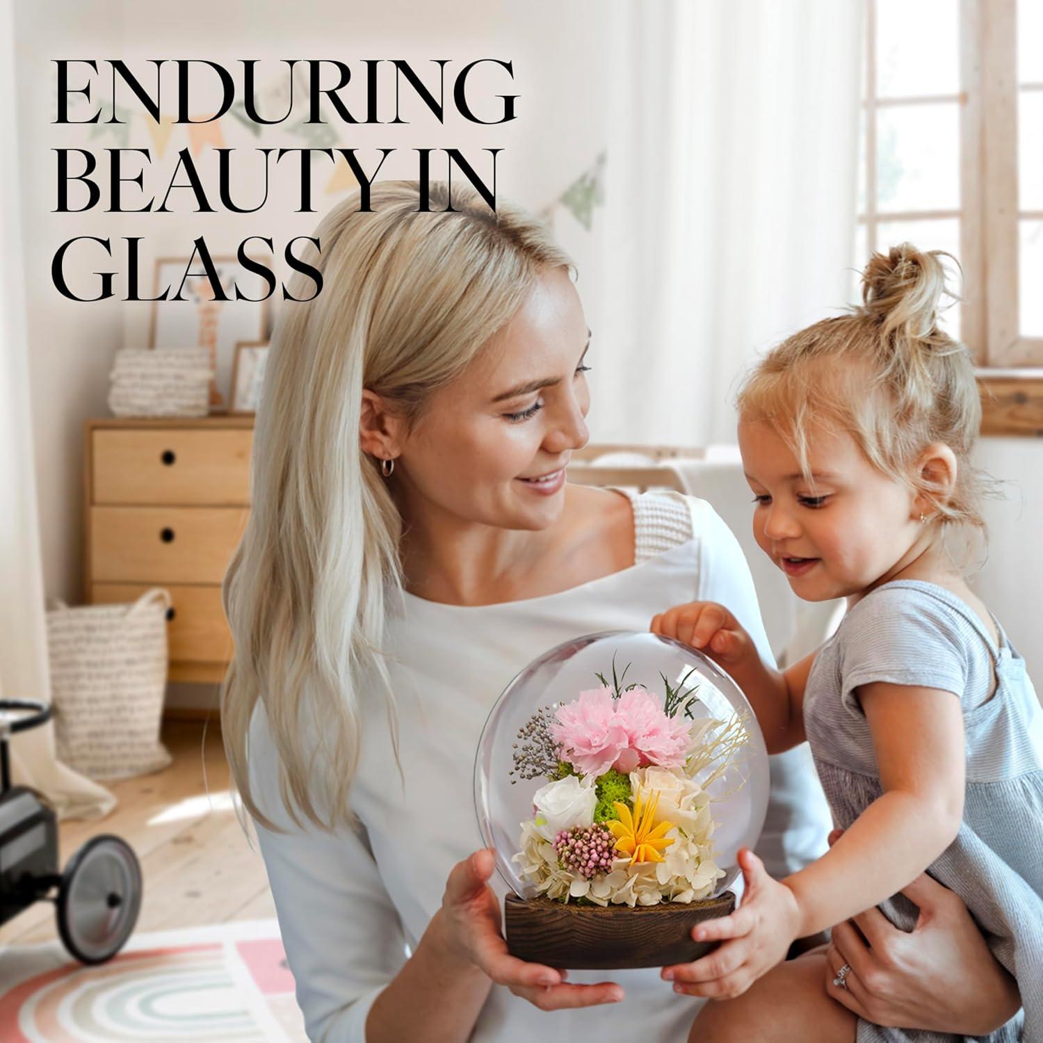 Preserved Flowers Rose in Glass Dome w/Light - Long Lasting Flowers, Flower Gifts for Women for Any Occasion - Home Decor, Comes w/Thick Gift Box - Glass Rose Flowers - White/Pink