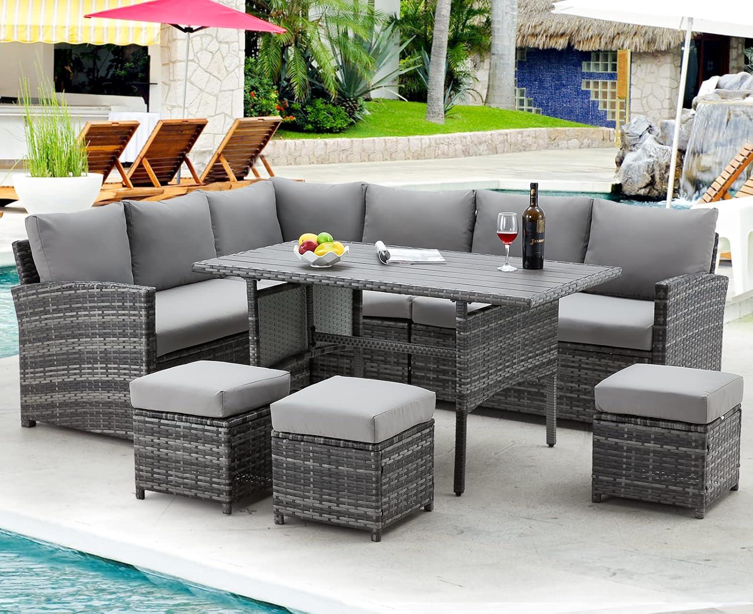 AECOJOY Patio Furniture Set, 7 Pieces Outdoor Patio Furniture with Dining Table&Chair, All Weather Wicker Conversation Set with Ottoman, Grey Rattan&Grey Cushion