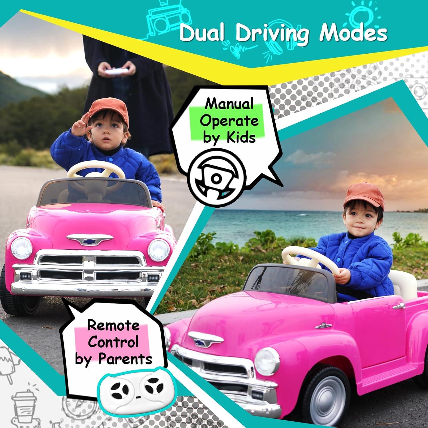 Joywhale 12V Kids Ride on Car Licensed Chevrolet 3100 Pickup Battery Powered Motorized Electric Car, with 7AH Big Battery, 2.4G Remote Control, 3-Speeds, Storage Space, Music, Retro Style, Black