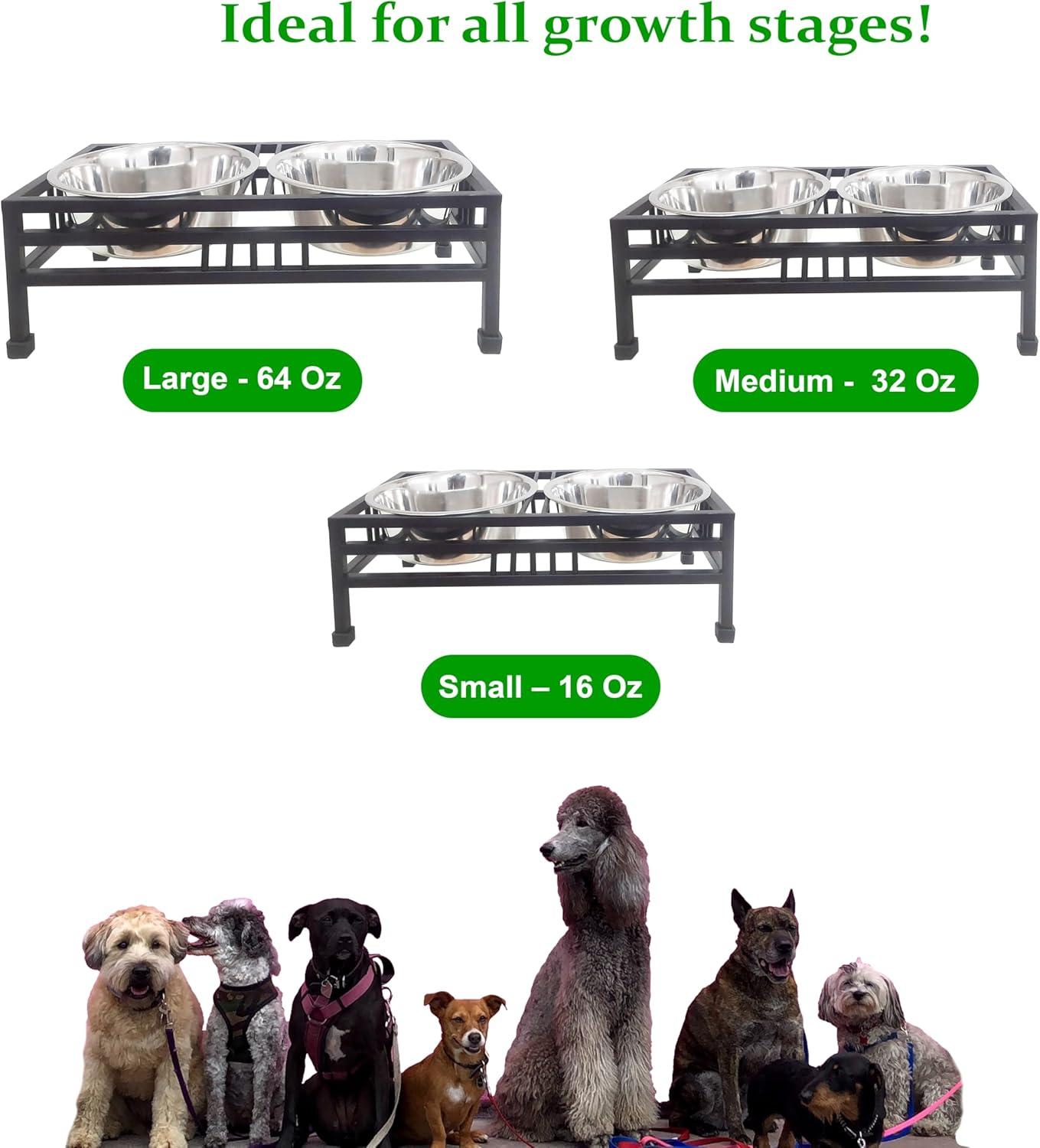 Medium Elevated Black Iron Pet Double Diner with Stainless Steel Bowls