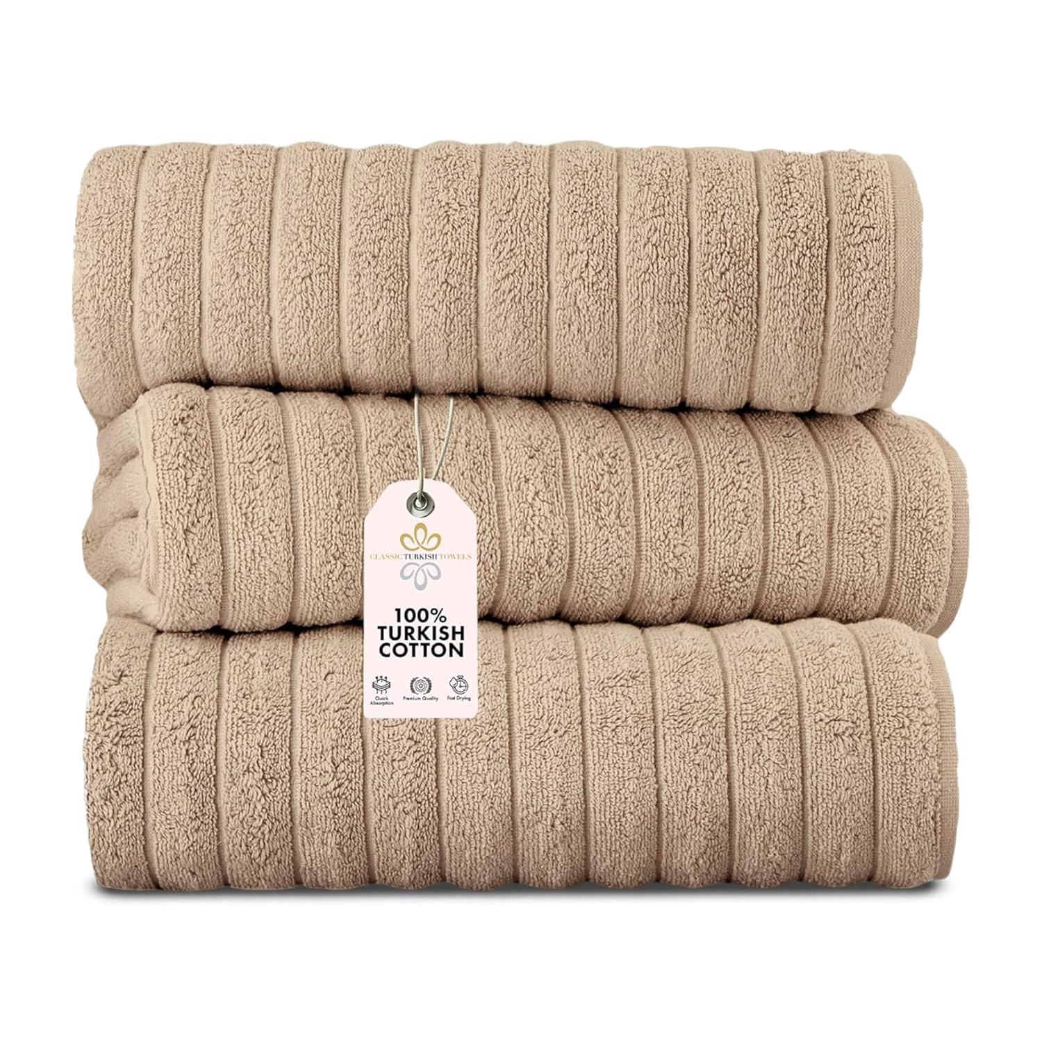 Classic Turkish Towel s 100% Turkish Cotton Bath Sheets Plush Ribbed 3 Piece 40x65" - 40x65 Almond Beige