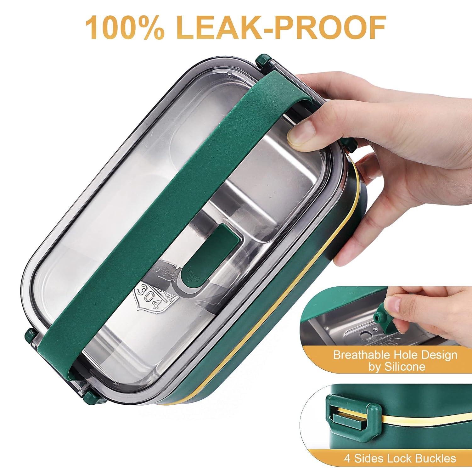 Stainless Steel Bento Box for Adults&Kids,Japanese Leakproof Lunch Box Divided Food Meal Storage Containers Set Stackable 2 Layer for Children School Picnic Green