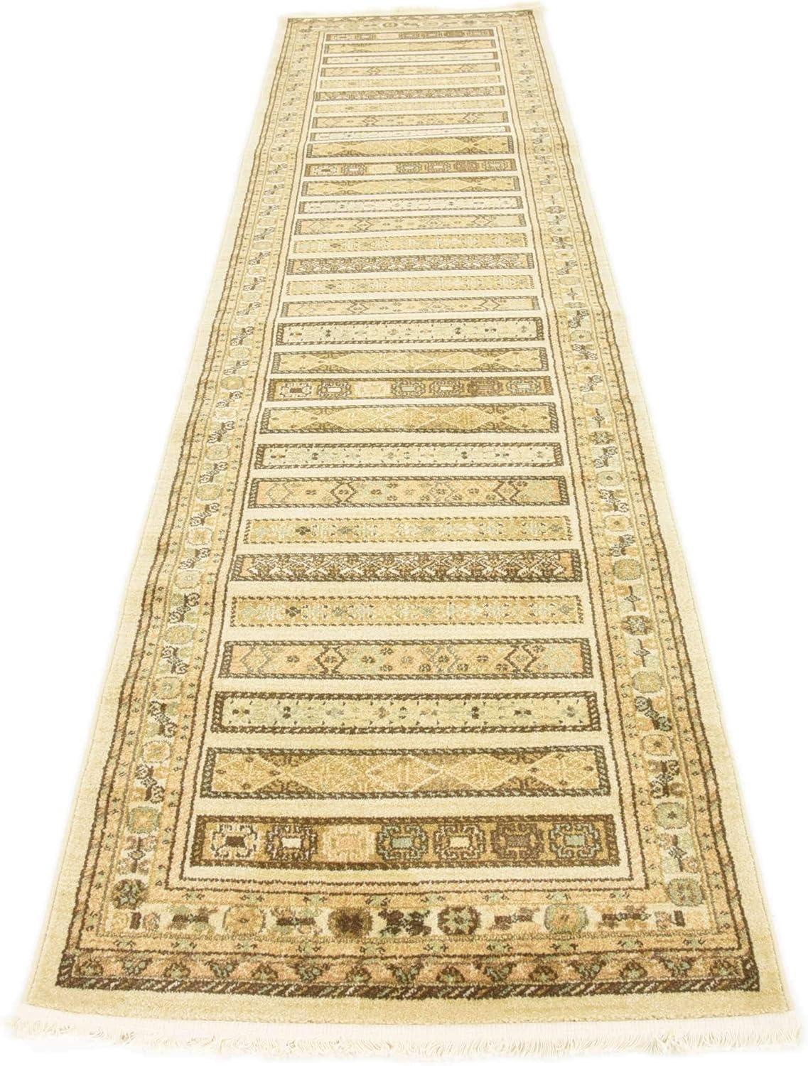 Ivory and Beige Striped Synthetic Runner Rug with Fringe