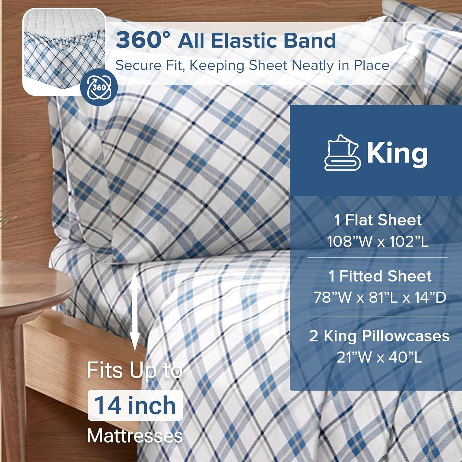 Comfort Spaces King Sheet Set, Flannel Bed Sheets King, 100% Cotton Bed Sheets Set with Deep Pocket, 4-Piece Plaid Blue