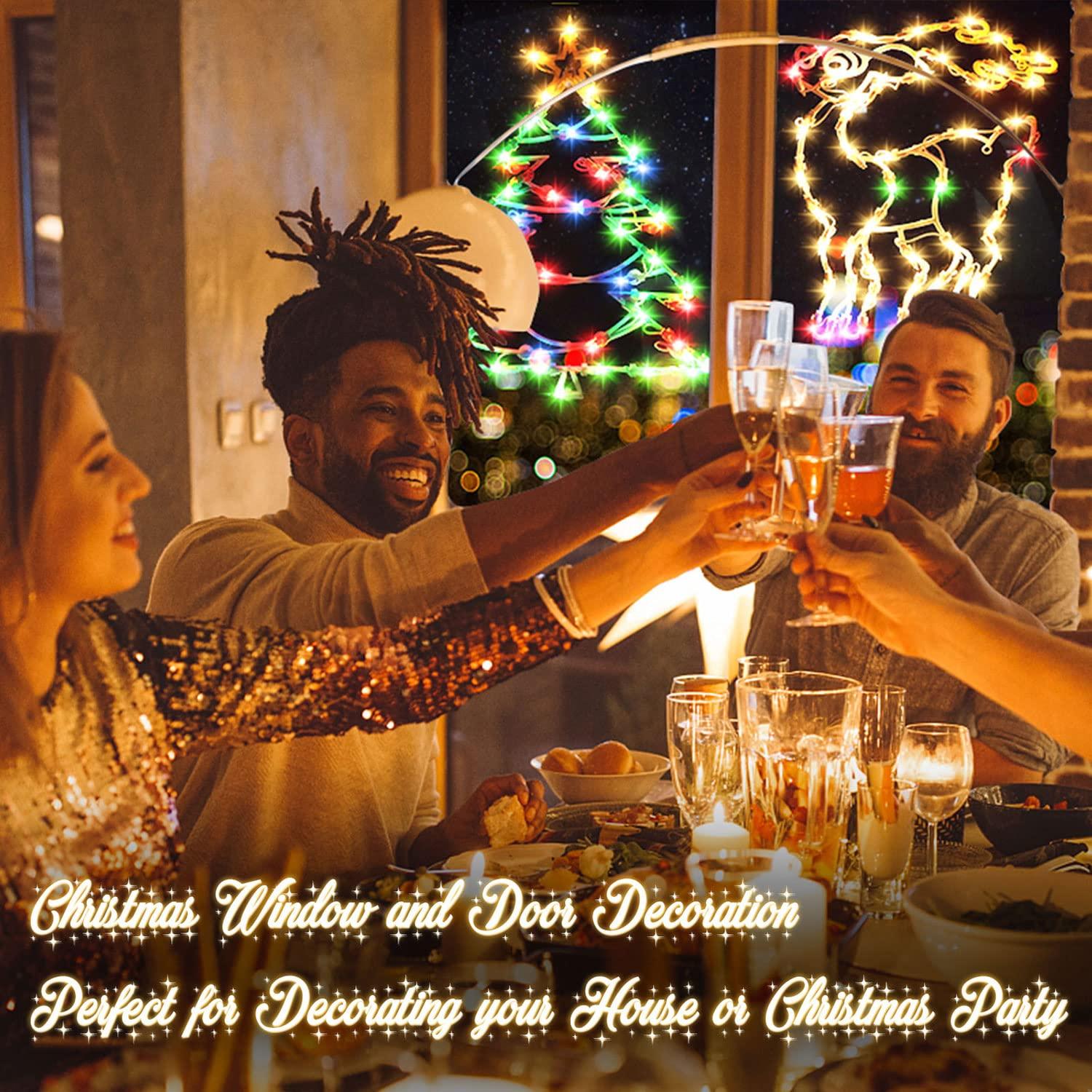 16 Inch Christmas Window Silhouette Lights Decorations, 4 Pack Waterproof Window Hanging Lights Elk, Christmas Tree, Santa Claus, Wreaths for Party, Home Indoor Outdoor Wall - 200 Mini Bulbs