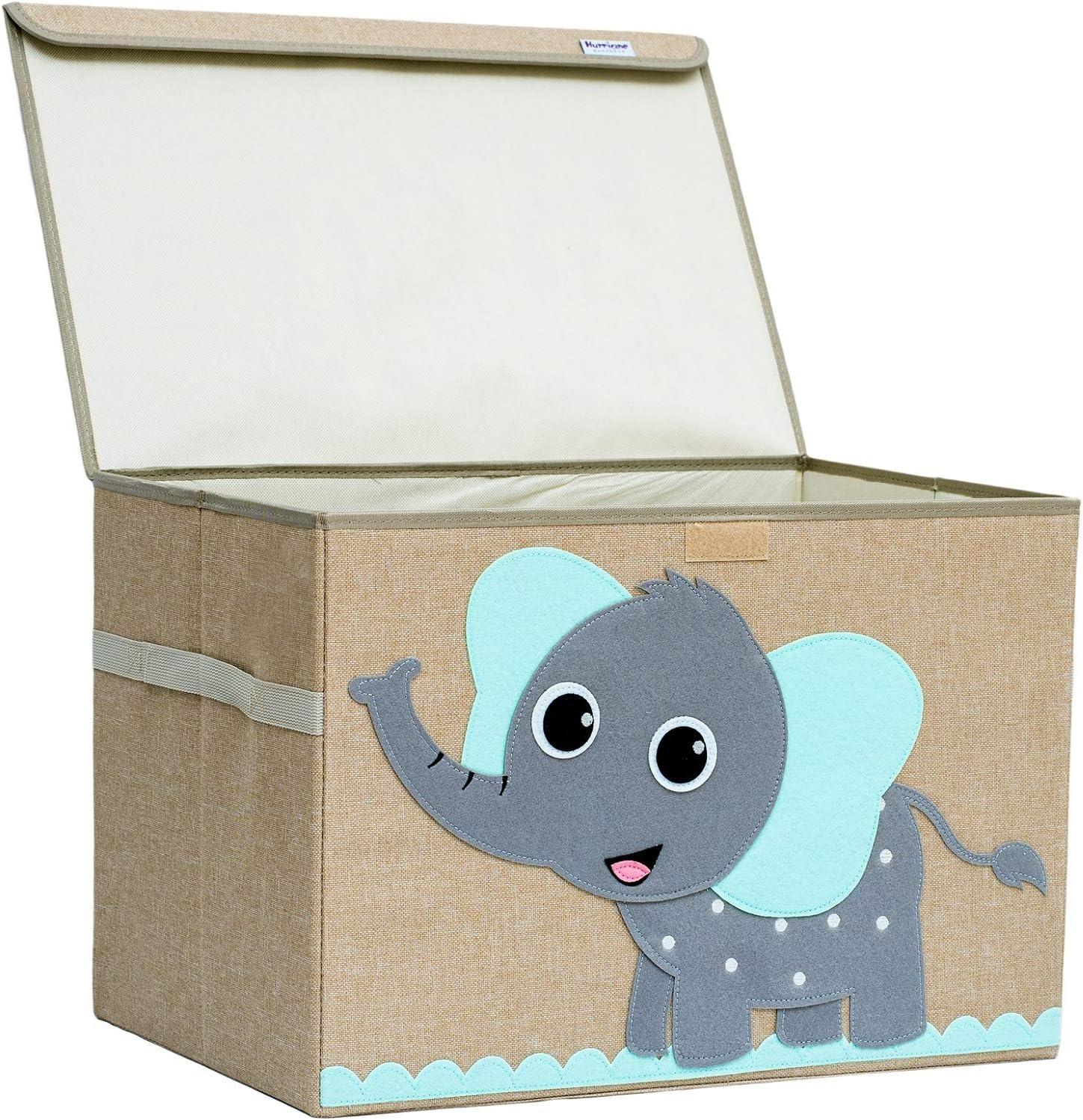 Large Beige and Gray Canvas Collapsible Toy Chest with Elephant Design