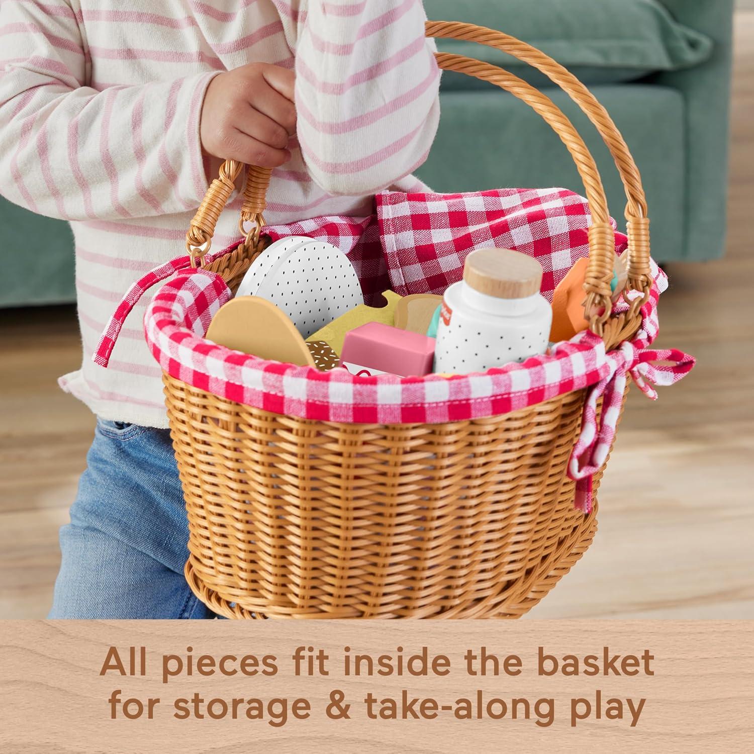 Fisher-Price Wooden Picnic Basket and Food Pretend Play Set for Preschool Kids, 31 Pieces