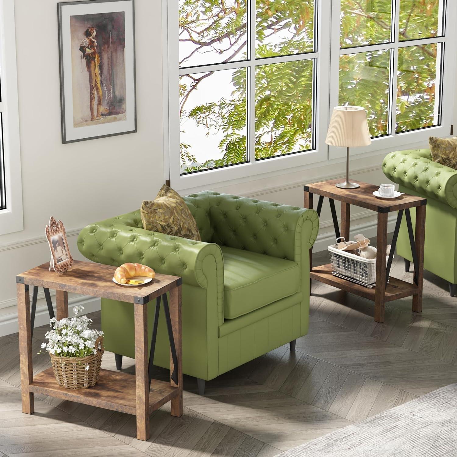 Gracie Oaks Farmhouse End Table For Small Spaces, Narrow Side End Table With Storage Shelf, Rustic A-Design Nightstand Sofa Table For Living Room, Bedroom 2 Pack