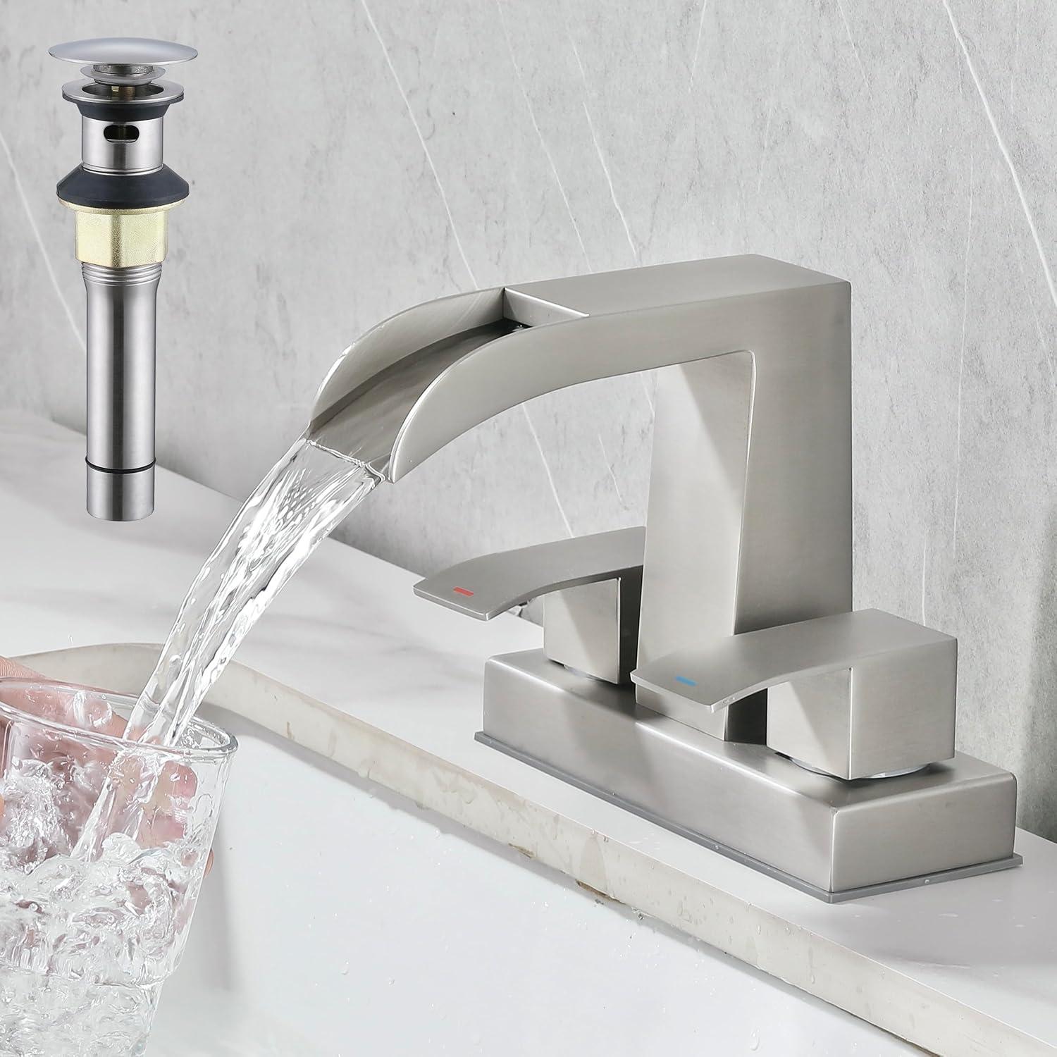 Brushed Nickel Double Handle Waterfall Bathroom Faucet with Pop-Up Drain