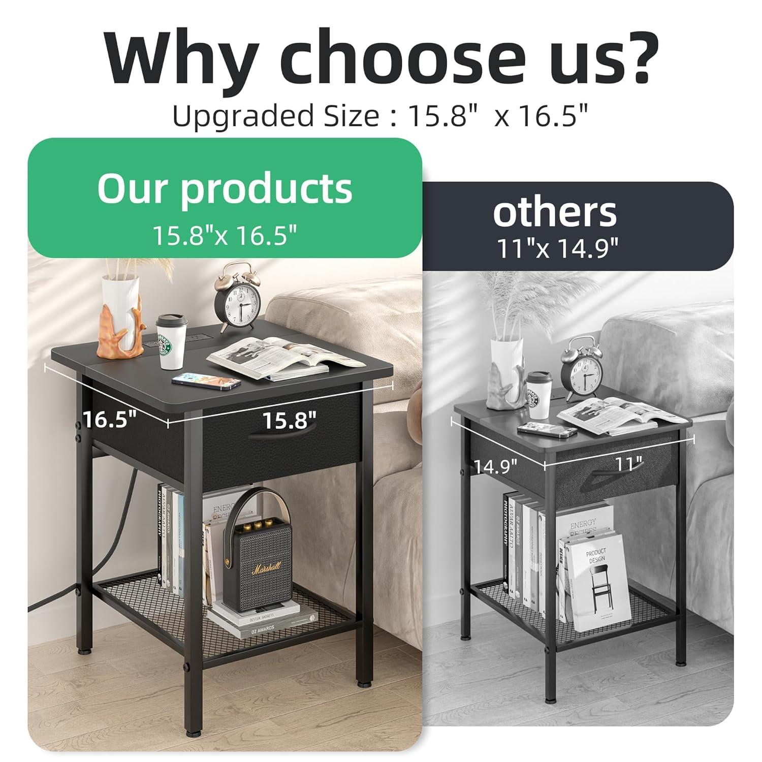 17 Stories Nightstands Set Of 2 With Charging Station And Fabric Storage Drawer,16.5" X 15.8" Side Table With Storage For Bedroom, Bedside Tables With Steel Fram