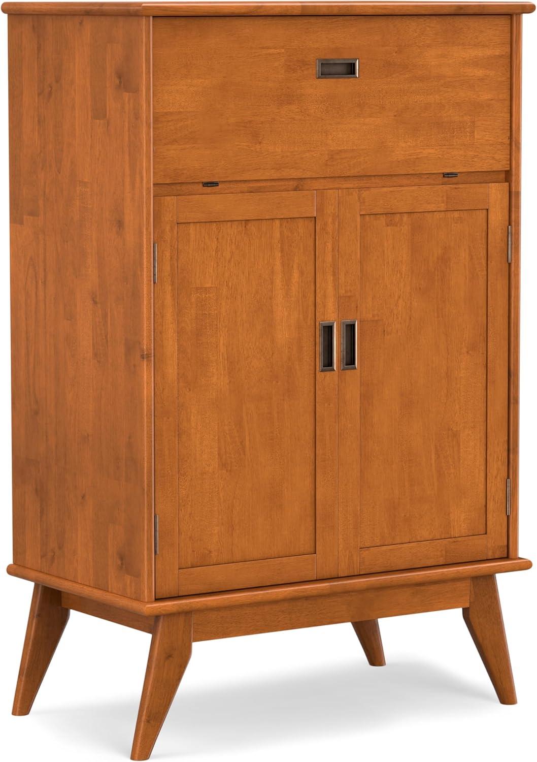 Simpli home Draper SOLID HARDWOOD Mid Century Modern 32 inch Wide Bar Cabinet in Teak Brown