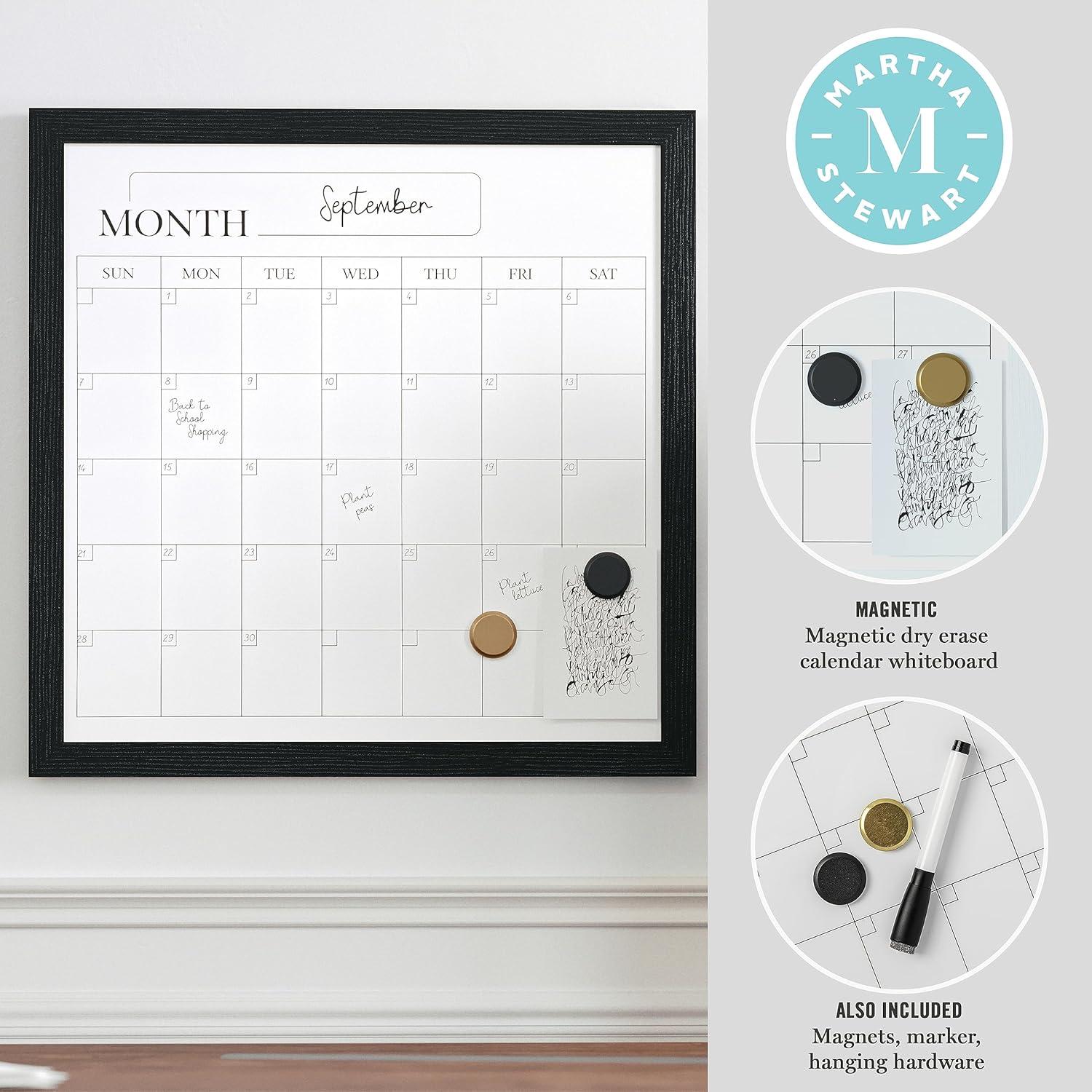 Thomas Martha Stewart Magnetic Monthly Calendar Dry Erase Board with Woodgrain Frame, Dry Erase Marker, and 2 Magnets